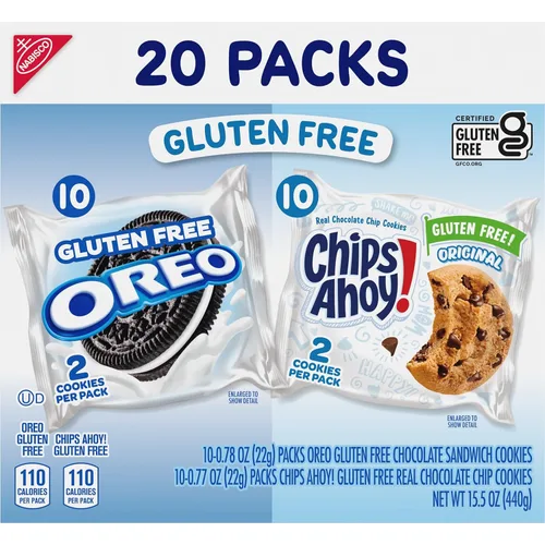Vista 13 de OREO Galletas de sándwich de chocolate y chips AHOY! Galletas con chispas de chocolate sin gluten, paquete variado, 20 paquetes de aperitivos