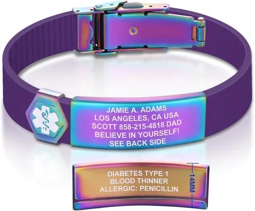 Vista 35 de Divoti Pulsera de identificación de alerta médica grabada personalizada, grabado láser de doble cara (hasta 9 líneas), pulsera de silicona ajustable