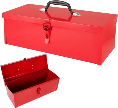 JMIATRY Caja de herramientas roja Caja de herramientas de metal pequeña de 15 pulgadas Caja de herramientas pequeña portátil con cierre de pestillo