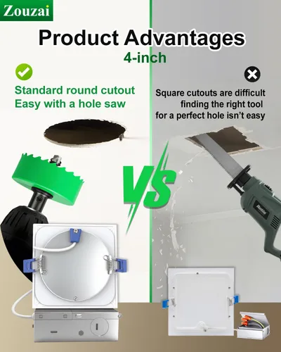 Vista 6 de zouzai Luz empotrable LED cuadrada de 4 pulgadas para cortes redondos, ultrafina 5CCT seleccionable y regulable con caja de conexiones, certificado