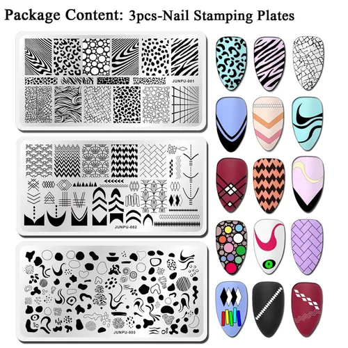 Vista 4 de Plato de estampado de uñas francesas – Juego de 3 placas de metal para uñas, diseño artístico, estampado geométrico de leopardo, rayas abstractas