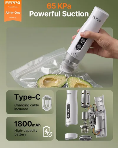 Vista 4 de FEPPO Compact Vacuum Sealer for Food (Vacuum Sealer Machine + 3 Containers + 10 Reusable Bags), Anti-Overflow Powerful Portable Handheld Food