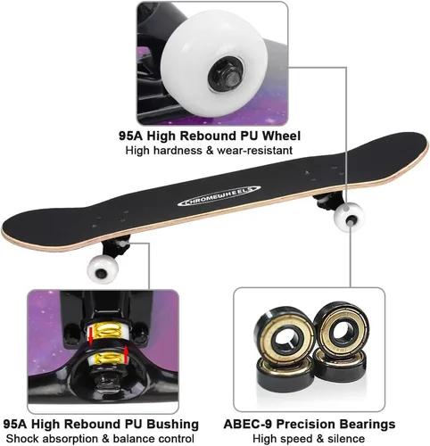 Vista 5 de ChromeWheels Patineta completa de 31 pulgadas, patineta de doble patada, 7 capas, arce canadiense para niños y principiantes