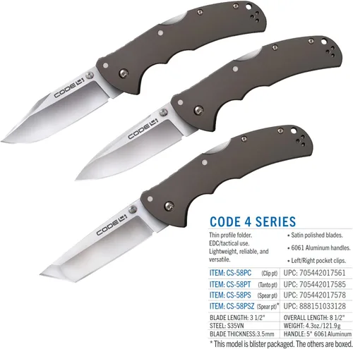 Vista 7 de COLD STEEL Code 4 S35VN - Cuchillo plegable táctico con mango de aluminio 6061 de 3.5 pulgadas con mecanismo de bloqueo Tri-Ad