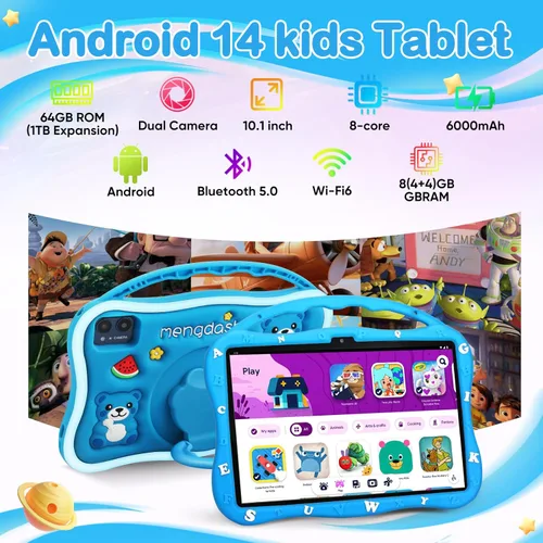 Vista 2 de MengDash Tableta para niños, tableta de 10.1 pulgadas para niños de 3 a 10, tableta educativa de aprendizaje para niños pequeños Android 14, 8 GB