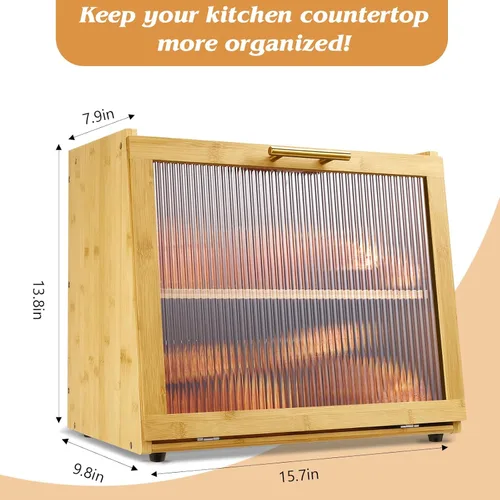 Vista 7 de Joyvilla Caja de pan de bambú de doble capa para encimera de cocina, contenedor de almacenamiento de pan, caja de pan con ventana, gran capacidad