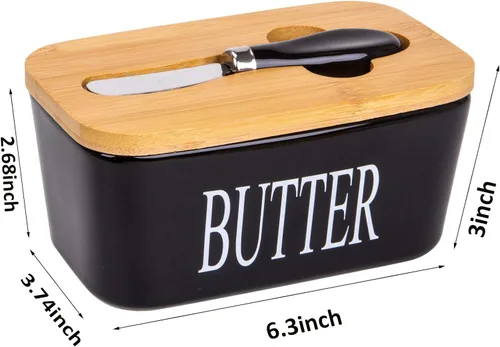 Vista 7 de Mantequillera con tapa y cuchillo, recipiente de cerámica para mantequilla con tapa de bambú para encimera, platos de mantequilla más grandes