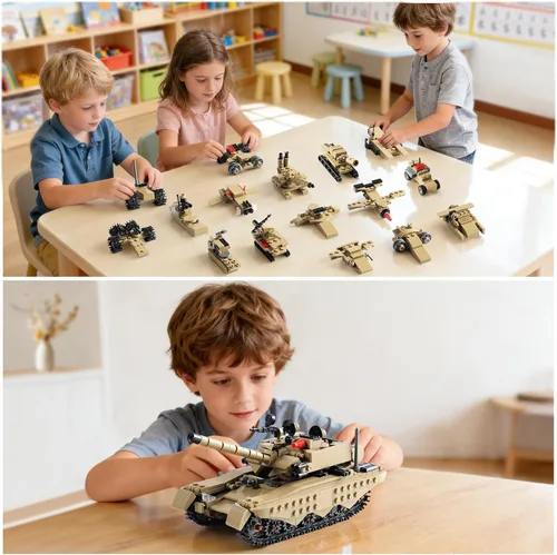 Vista 4 de Juego de bloques de construcción de juguete de tanque militar compatible con Lego, crea un tanque blindado o 16 modelos militares pequeños, gran
