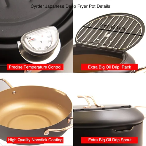 Vista 3 de Olla para freidora, 4.3L/11 pulgadas, olla japonesa de tempura con termómetro Fahrenheit, freidora de aceite de acero al carbono antiadherente