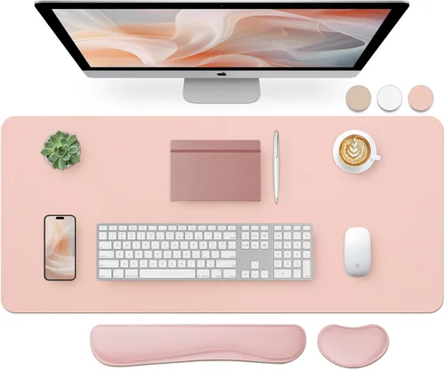 Vista 13 de Bloss Tapete de escritorio beige de 23.6 x 13.8 pulgadas, tapete de escritorio para escritorio, alfombrilla de mouse de cuero grande impermeable