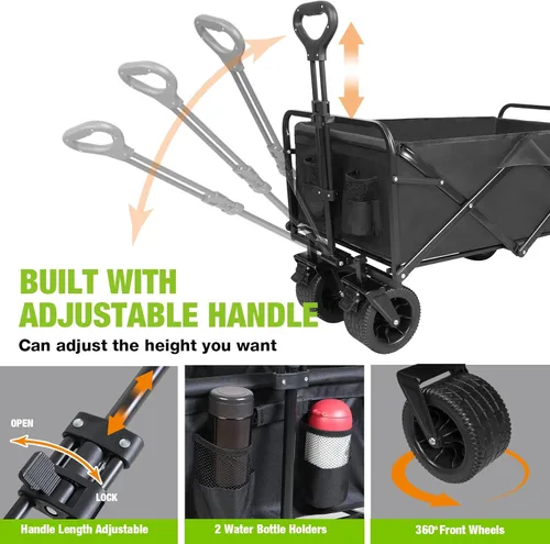 Vista 5 de Carro de playa plegable con ruedas grandes todo terreno para arena, carros plegables resistentes con mango ajustable para exteriores, jardín