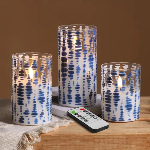 Vista 13 de Eywamage Juego de 3 velas LED de cristal, con forma de columna gruesa, funcionan con pilas, con control remoto, sin llama, parpadeantes, de cera