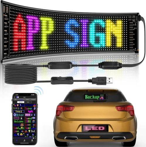 Vista 9 de Letrero LED de desplazamiento para automóvil, letrero LED flexible para automóvil USB 5V con control de aplicación Bluetooth, texto/animación