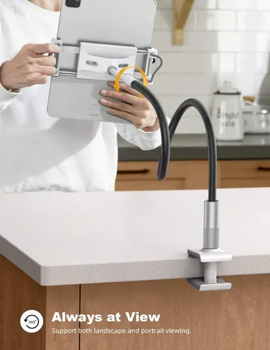 Vista 2 de Lamicall Soporte para tablet de cuello de cisne: soporte flexible para tableta con clip de brazo para cama, soporte de escritorio, compatible