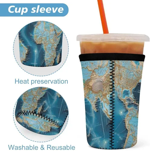 Vista 3 de World Map Reusable Insulated Neoprene Iced Coffee Cup Sleeves 3 Sizes Diving Material Cup Durable Beverage Covers for Cold Coffee Tea Drinks