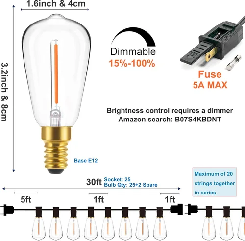 Vista 2 de Spacenight Tira de luces para exteriores de 30 pies con 25+2 bombillas de filamento LED de repuesto, regulables, inastillables, impermeables