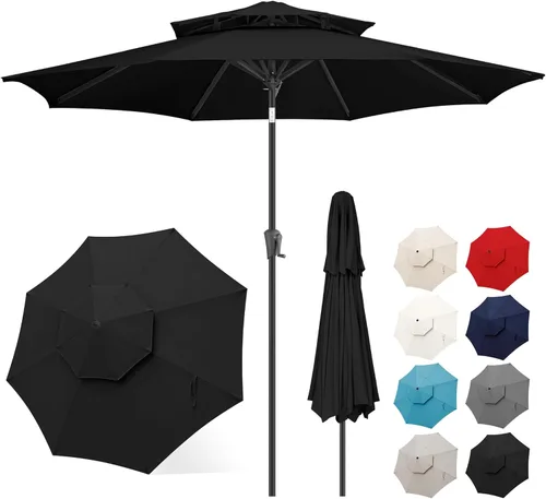 Vista 19 de FLAME&SHADE - Paraguas de 9 pies para patio - Paraguas de exterior de 2 niveles con botón de inclinación y manivela para protección UV, paraguas