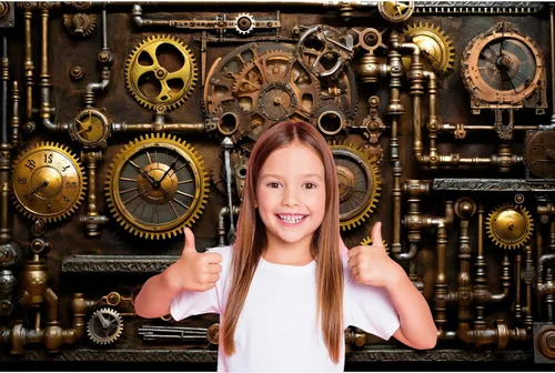 Vista 2 de Antique Steampunk Backdrop Retro Old Metal Clocks Vintage Steam Machine Photography Background Dials Gears Cogs Pipes Switches Industrial Background