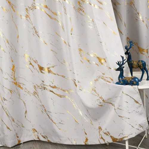 Vista 2 de Taisier Home Cortinas de Lino con Textura y Estampado de Lámina Dorada - Diseño de Patrón Geométrico de Mármol para Sala de Estar - Tratamiento