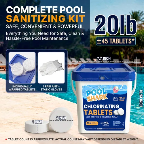 Vista 2 de Tabletas de cloro para piscina Pool Shark - Tabletas de cloro de 3 pulgadas - Tabletas de cloro activo al 90% de disolución lenta - Productos