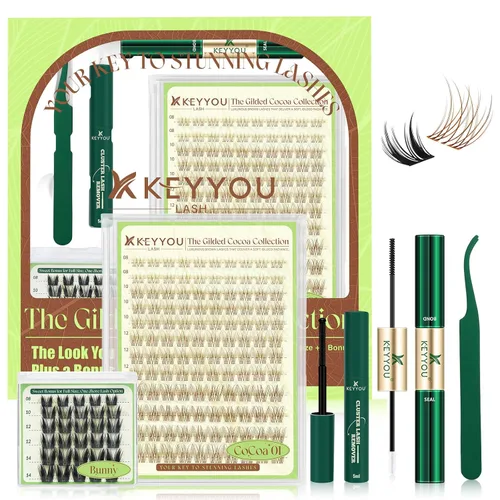 KEYYOU Brown Velure - Kit de racimos de pestañas de terciopelo – Natural Wispy C Curl Manga 0.315-0.630 in, kit de extensión de pestañas incluye