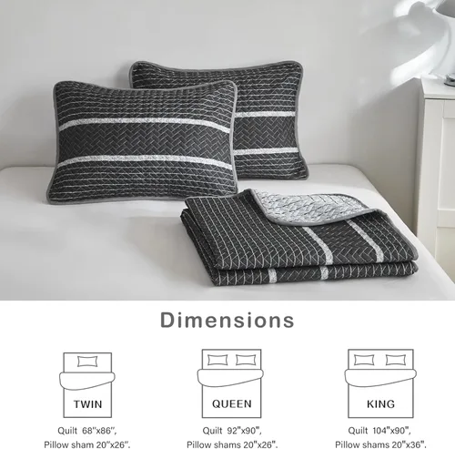 Vista 6 de Flysheep Juego de edredón bohemio gris oscuro, tamaño matrimonial y Queen, 3 piezas de edredón reversible a rayas blancas sobre gris, colcha