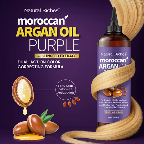 Vista 2 de Natural Riches Aceite de argán marroquí morado para cabello con extracto de linaza, fórmula anti-latón para cabello rubio, plateado, platino y gris