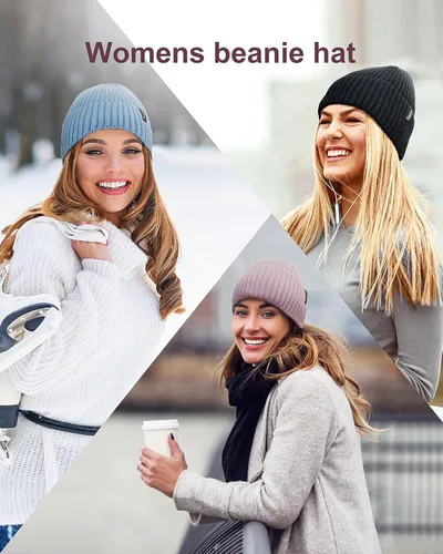 Vista 6 de Ocatoma Gorro para hombre y mujer cálido de punto de invierno con puños suave cálido unisex para esquí