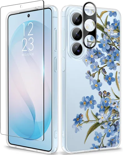 Vista 87 de GVIEWIN Funda protectora para Samsung Galaxy S25, transparente floral, delgada, a prueba de golpes, para mujer, no se pone amarilla, con protector