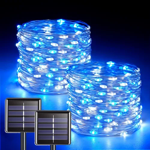 Vista 9 de JMEXSUSS Paquete de 2 luces solares de Navidad impermeables para exteriores, 100 LED de 33 pies, color blanco cálido y multicolor, luces solares