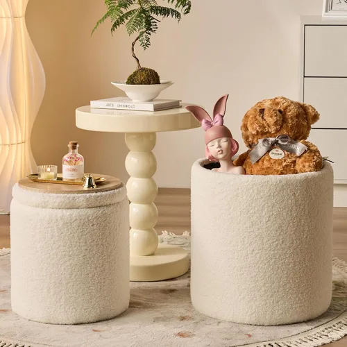 Vista 16 de BLEXA Juego de 2 Otomanas Redondas con Almacenamiento - Taburete de Tocador de Terciopelo Tapizado para Maquillaje - Otomanas Multifuncionales