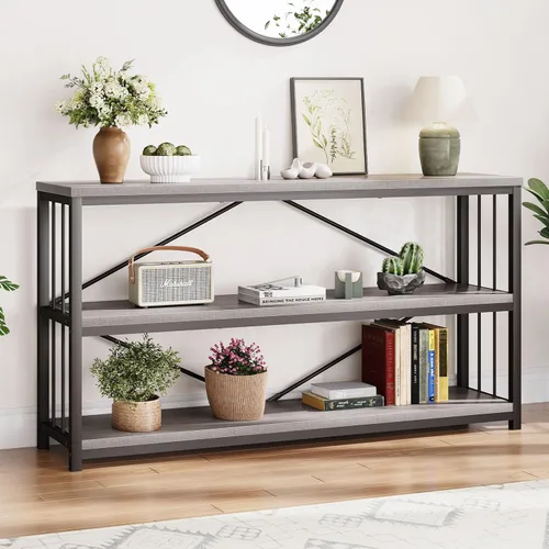 Vista 20 de LVB Mesa consola industrial, mesa de sofá de metal y madera, mesa de entrada rústica con almacenamiento, moderno estante de 3 niveles mesa larga
