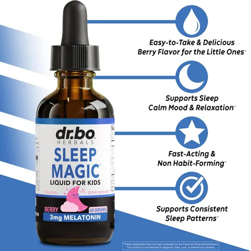 Vista 2 de Liquid Melatonin Kids Sleep Aid - Sleep Magic Kids Melatonin Liquid 3mg Berry Drops, D3, L Theanine - Children's Sleeping Aids, Natural Calm