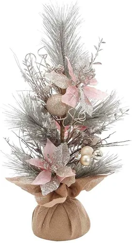 Vista 3 de Kurt S. Adler Árbol de 24 pulgadas con flores de pascuas rosas y decoraciones doradas en base de arpillera