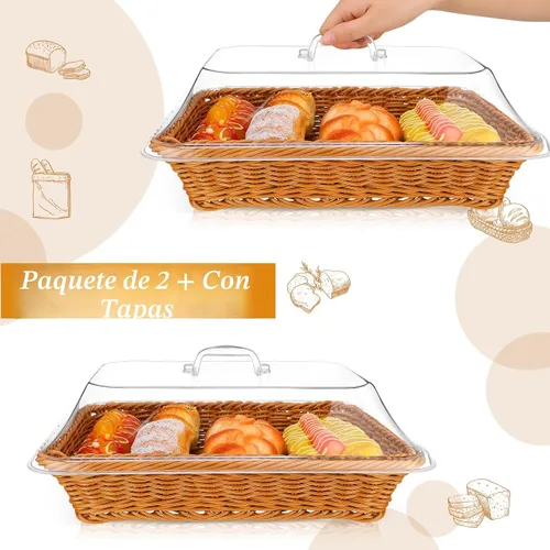 Vista 3 de Mumufy Paquete de 2 cestas de mimbre grandes para pan con tapa acrílica, regalo de inauguración de la casa, cesta rectangular de imitación de ratán