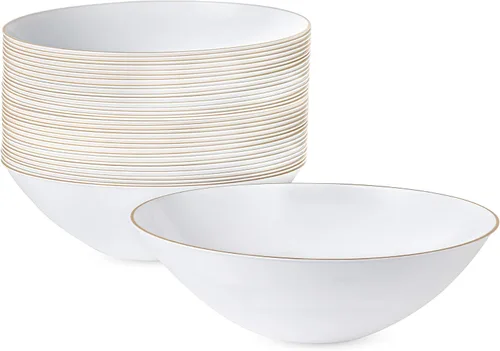 Vista 12 de Plasticpro - Platos de fiesta con diseño floral de plástico blanco con borde dorado, platos desechables pesados, elegantes y de alta calidad