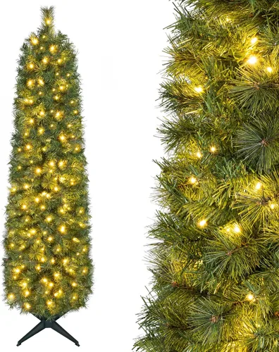 Vista 58 de GOFLAME Árbol de Navidad Artificial Preiluminado de 6 Pies, Árbol de Navidad Delgado con Cobertura de Nieve y Forma de Lápiz con Luces LED
