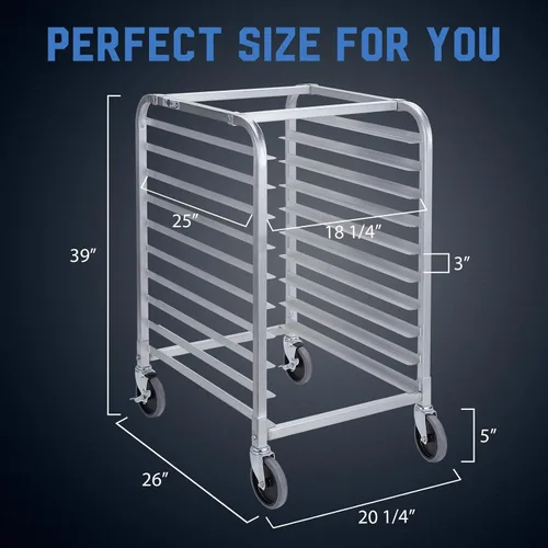 Vista 2 de Profeeshaw Estante para panadería de 10 niveles con ruedas, carro de almacenamiento de estante de aluminio para medias hojas o hojas completas