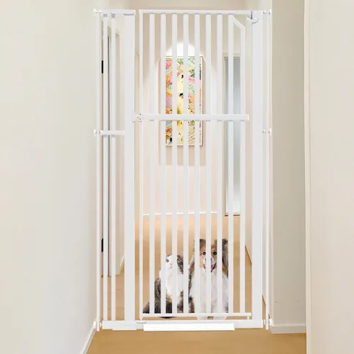 Vista 13 de Glaf Puerta extra alta para mascotas de 63 pulgadas, puerta de gato montada a presión, puerta de metal de seguridad para gatos, ancho ajustable