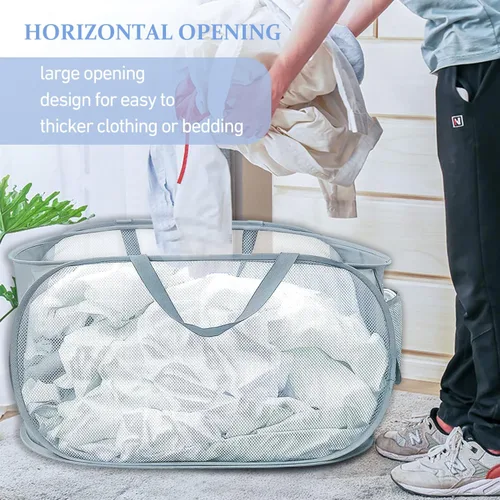 Vista 5 de 2 cestas de malla para la ropa sucia, canastas plegables para la ropa sucia, 75 litros, cesta de almacenamiento horizontal con bolsillo lateral