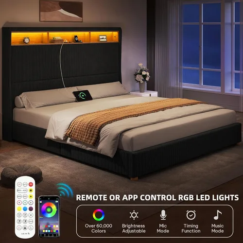 Vista 41 de DWVO Base de cama de plataforma tamaño Queen con cabecera y estribo de 60 pulgadas de alto, cama tapizada de terciopelo con luz LED, patas de madera