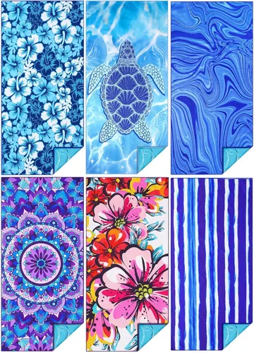 Vista 16 de Paquete de 2 toallas de playa finas de microfibra, ligeras, de 71 x 32 pulgadas, extra grandes, sin arena, de secado rápido, para viajes, piscina