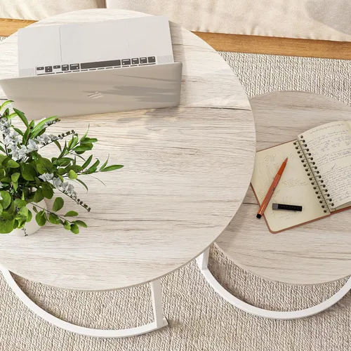 Vista 5 de HOJINLINERO Juego de Mesa de Centro Redonda de 2 Mesas Auxiliares para Sala de Estar, Mesa de Centro Blanca Moderna Mesas Anidadas, Mesas de Sala