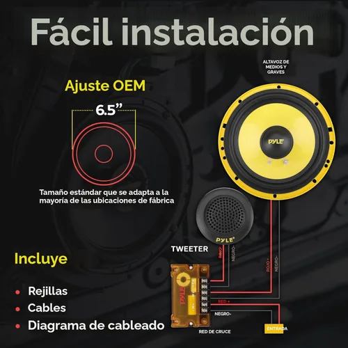 Vista 6 de Pyle Sistema de altavoces de componentes personalizados de 2 vías, 6.5 pulgadas, 400 vatios, con cesta de plástico electrochapado, envolvente