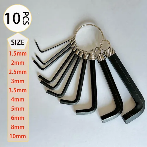 Vista 2 de Juego de llaves Allen de 10 piezas, 0.059-0.394 in Hex Key Chain Set, herramienta de reparación de llaves Allen de bicicleta en forma de L portátil