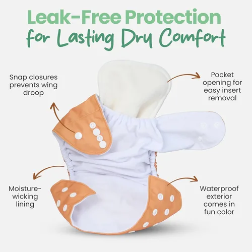 Vista 5 de Pañales de tela con 6 insertos y bolsa húmeda, reutilizables, ajustables para bebés y niños pequeños, pañales de talla única que crecen con tu bebé