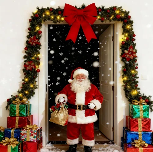 Vista 4 de Guirnalda de Navidad de 9 pies con luces, guirnalda preiluminada a pilas con racimos de bayas rojas, bolas y flores, luces LED blancas