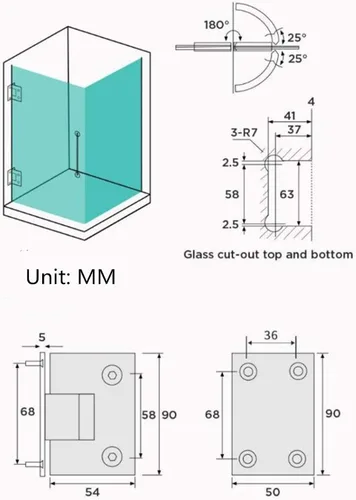 Vista 5 de Bisagras de puerta de vidrio JU+ plateadas, accesorios para ducha, bisagra de puerta de vidrio de 90 grados, para 0.315-0.472 in