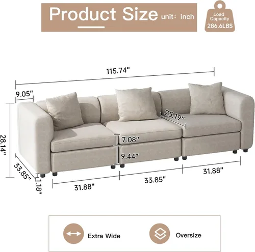 Vista 93 de Guyii Sofá modular de terciopelo, moderno sofá de 4 plazas de gran tamaño con 3 almohadas y reposapiés de almacenamiento, sofá convertible de 115.74