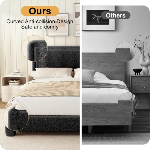 Vista 7 de Marco de cama Boucle de tamaño Queen, marco de cama tapizado Cloud con cabecera ajustable, esquinas redondeadas suaves, no requiere somier, fácil